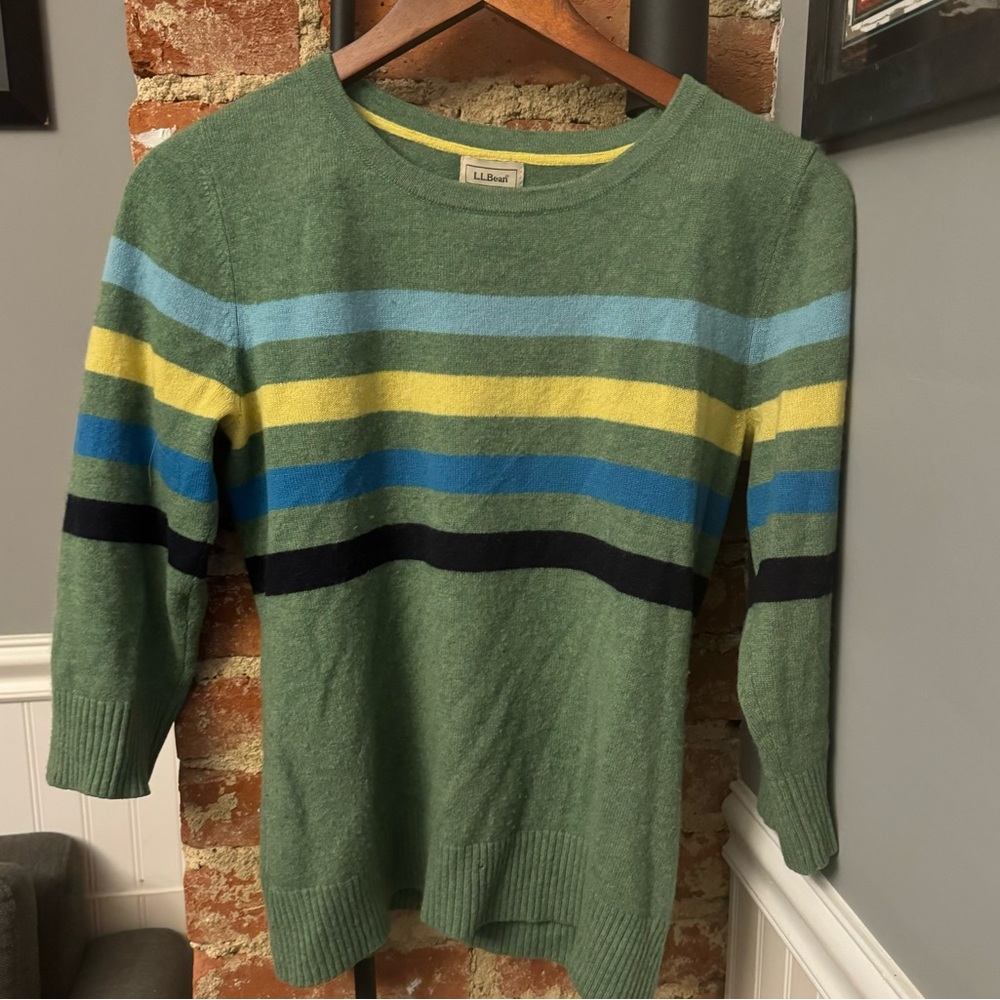 LL Bean Green Striped Cashmere Women’s Sweater Size Medium